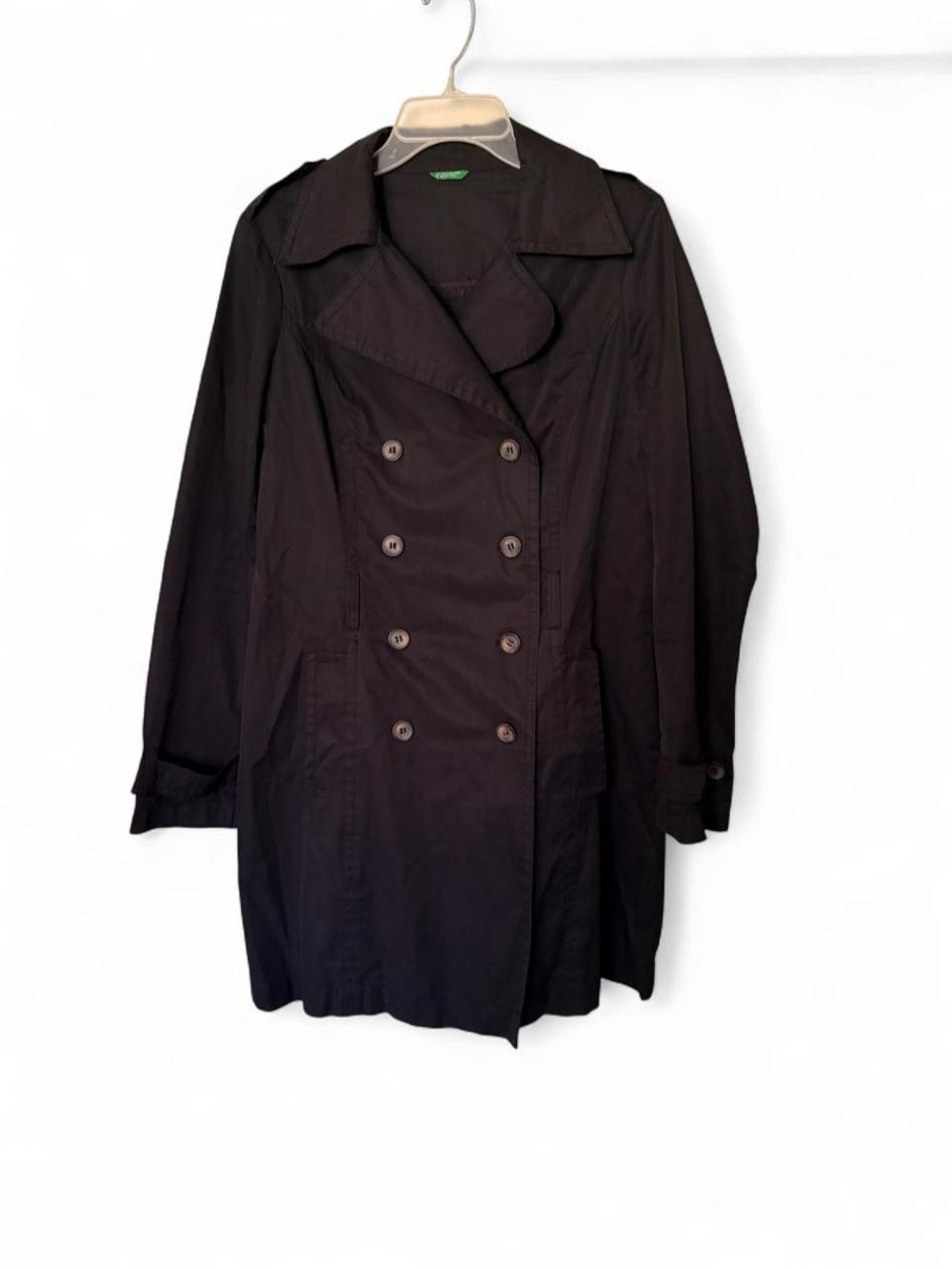 90s United Colors Of Benetton Black Double-Breasted Trench Coat Goth Preppy Punk